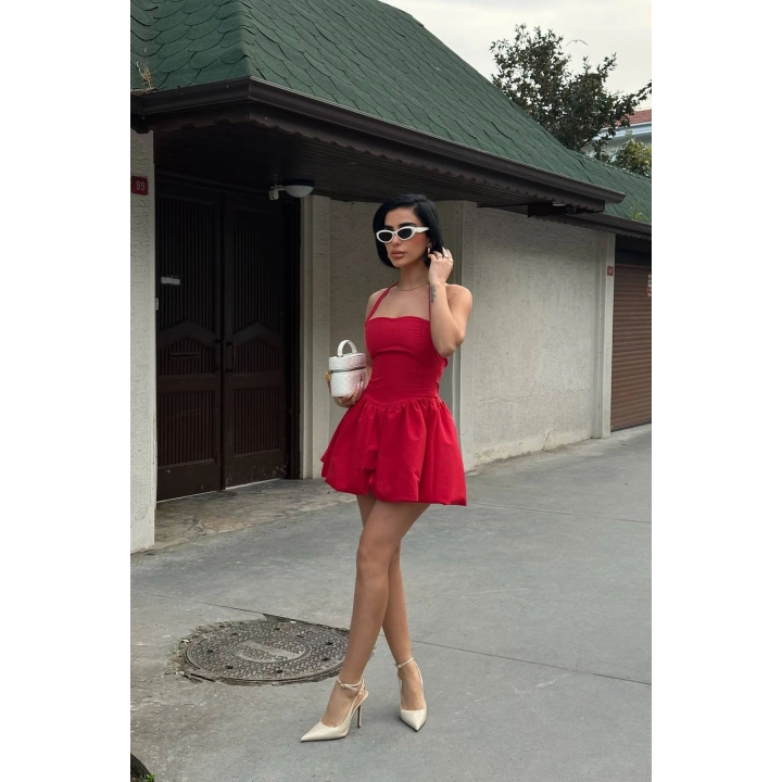 Kadın Boyundan Bağlamalı Kare Yaka Balon Astarlı Mini Kırmızı Elbise