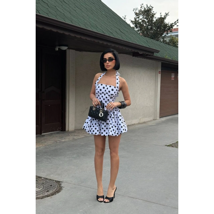 Kadın Boyundan Bağlamalı Kare Yaka Balon Astarlı Mini Beyaz Siyah Puantiyeli Elbise