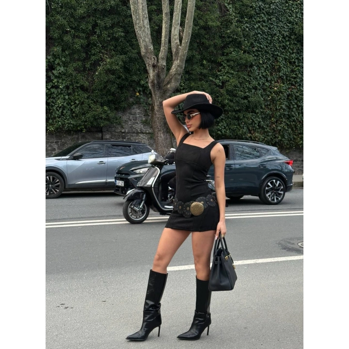 Kadın Basic Kare Yaka Siyah Mini Süet Elbise