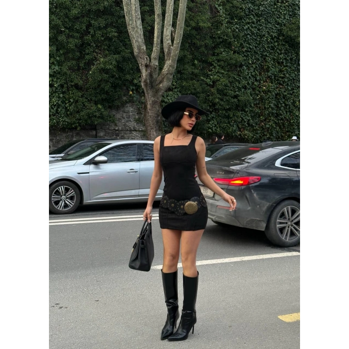 Kadın Basic Kare Yaka Siyah Mini Süet Elbise