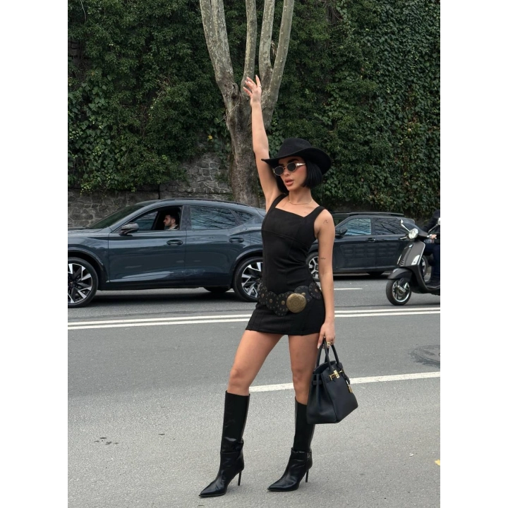 Kadın Basic Kare Yaka Siyah Mini Süet Elbise