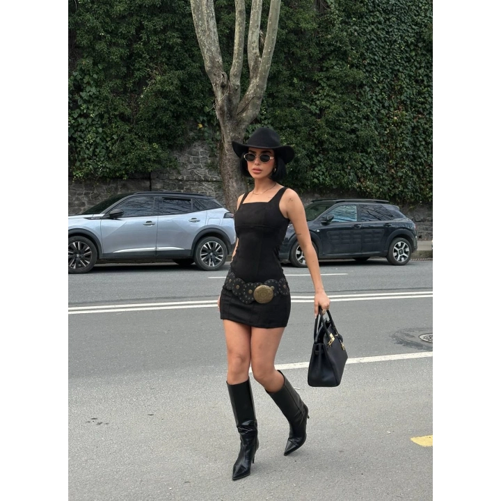 Kadın Basic Kare Yaka Siyah Mini Süet Elbise