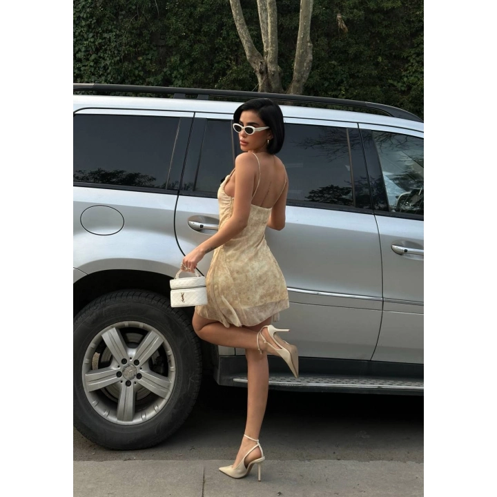 Kadın İnce Askılı Desenli Mini Boy Tasarım Bej Elbise