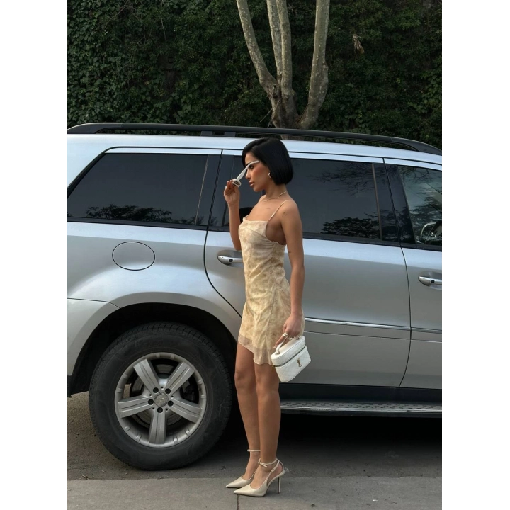 Kadın İnce Askılı Desenli Mini Boy Tasarım Bej Elbise