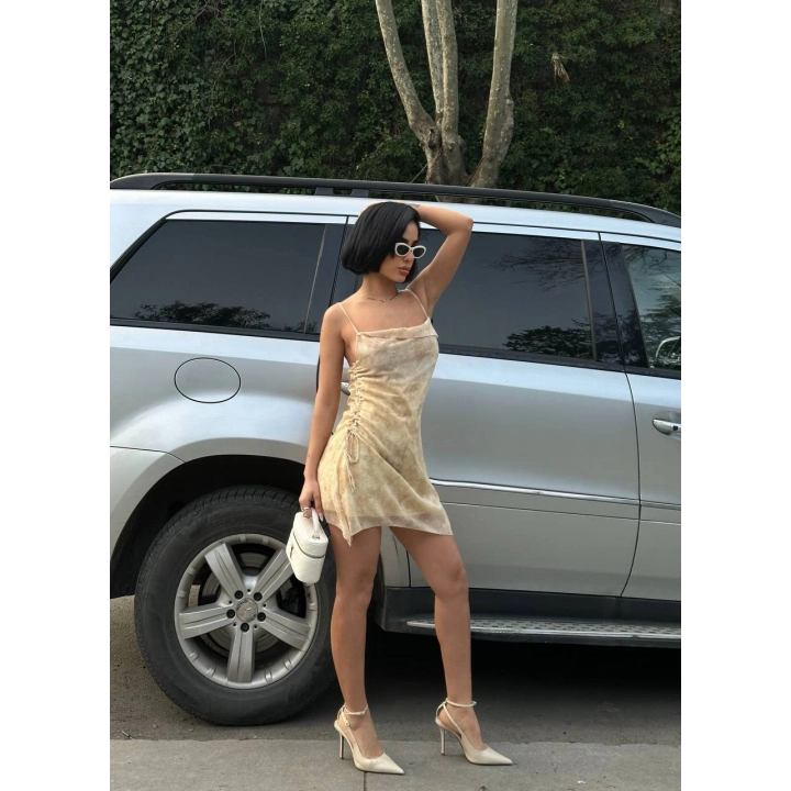 Kadın İnce Askılı Desenli Mini Boy Tasarım Bej Elbise