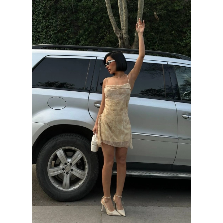 Kadın İnce Askılı Desenli Mini Boy Tasarım Bej Elbise