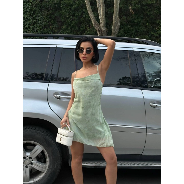 Kadın İnce Askılı Desenli Mini Boy Tasarım Yeşil Elbise