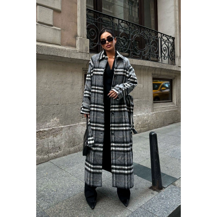 Antrasit Ekose Desenli Uzun Premium Kaban