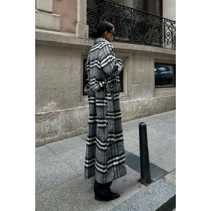 Antrasit Ekose Desenli Uzun Premium Kaban