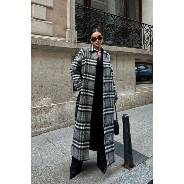 Antrasit Ekose Desenli Uzun Premium Kaban