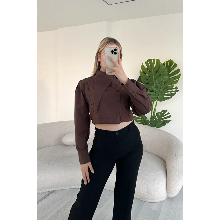 Asimetrik Yaka Poplin Kahverengi Gömlek