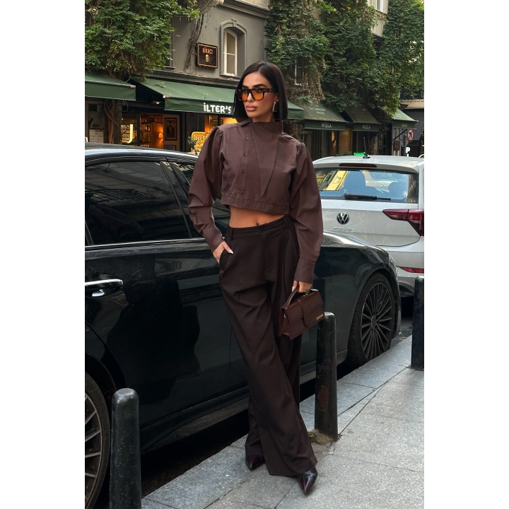 Asimetrik Yaka Poplin Kahverengi Gömlek