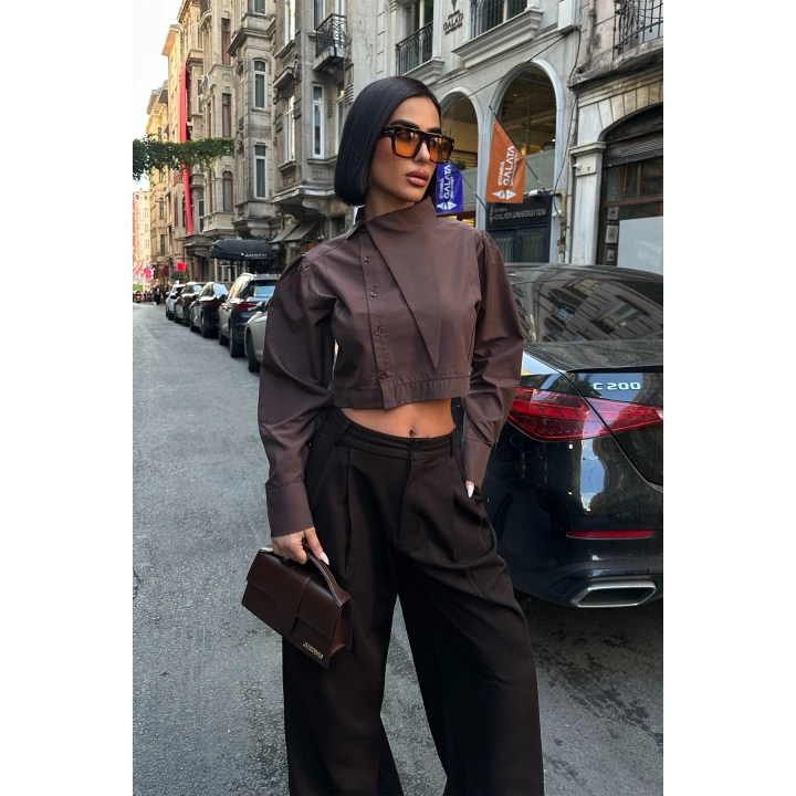 Asimetrik Yaka Poplin Kahverengi Gömlek