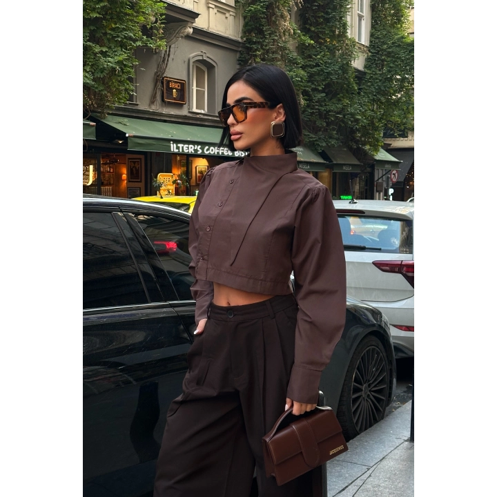 Asimetrik Yaka Poplin Kahverengi Gömlek