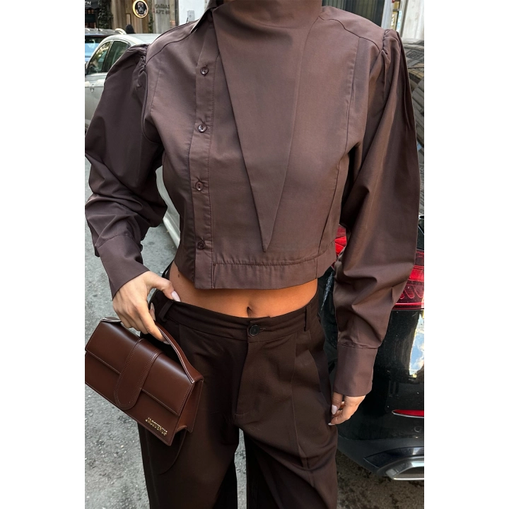 Asimetrik Yaka Poplin Kahverengi Gömlek