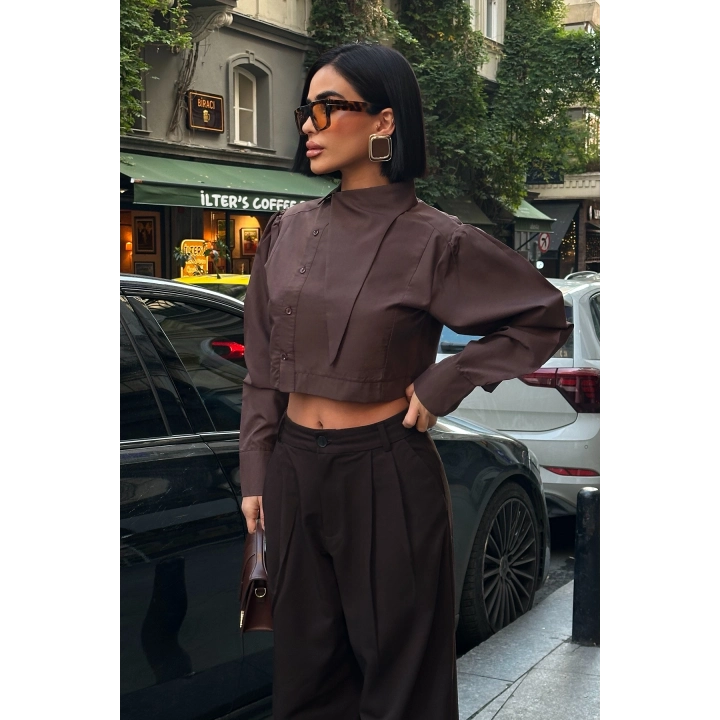 Asimetrik Yaka Poplin Kahverengi Gömlek