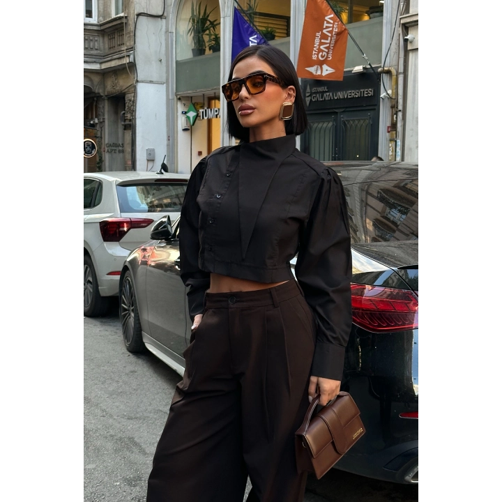 Asimetrik Yaka Poplin Siyah Gömlek