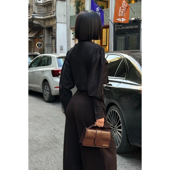 Asimetrik Yaka Poplin Siyah Gömlek