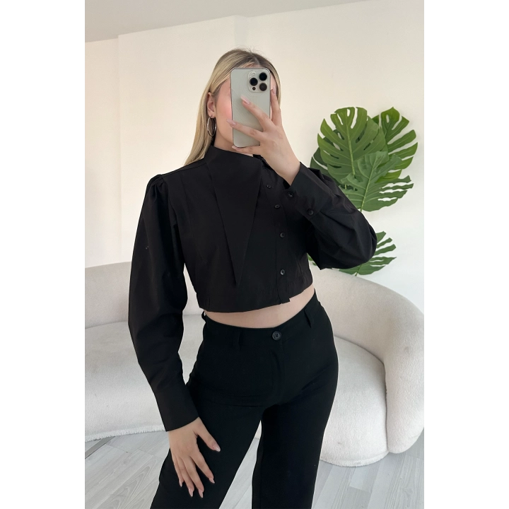 Asimetrik Yaka Poplin Siyah Gömlek