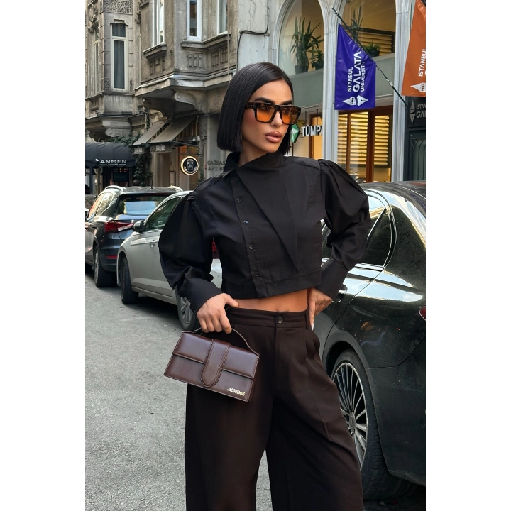 Asimetrik Yaka Poplin Siyah Gömlek