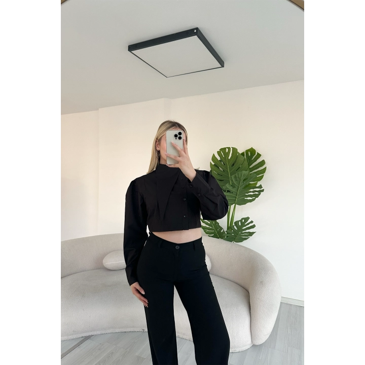 Asimetrik Yaka Poplin Siyah Gömlek