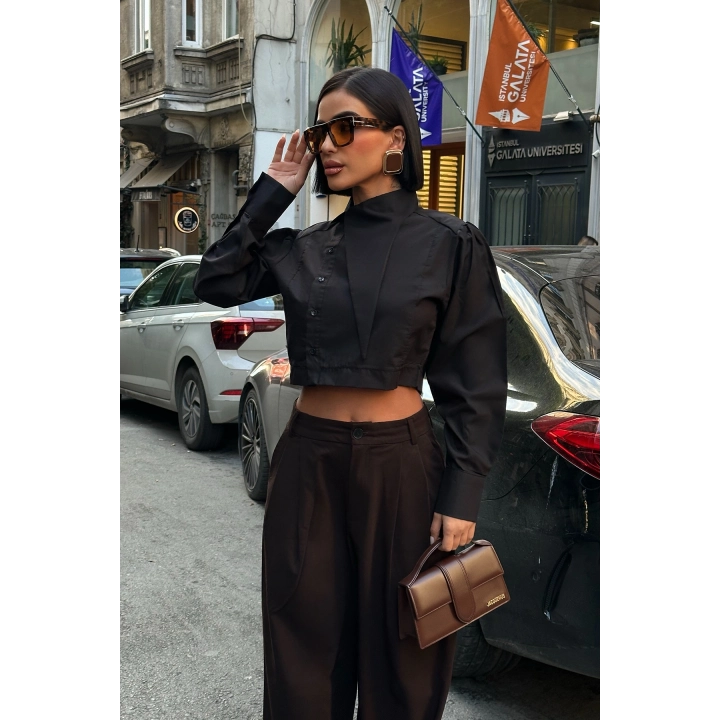 Asimetrik Yaka Poplin Siyah Gömlek