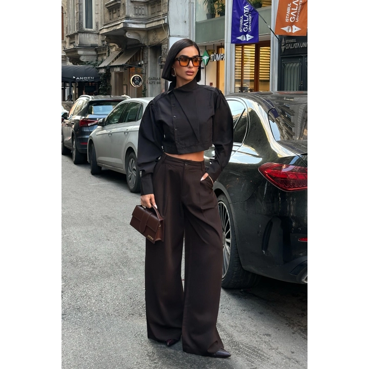 Asimetrik Yaka Poplin Siyah Gömlek