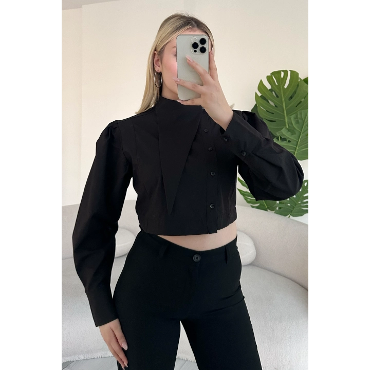 Asimetrik Yaka Poplin Siyah Gömlek