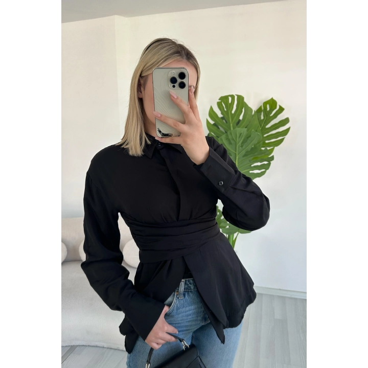 Kuşaklı Cırt Cırt Kapamalı Tasarım Siyah Gömlek