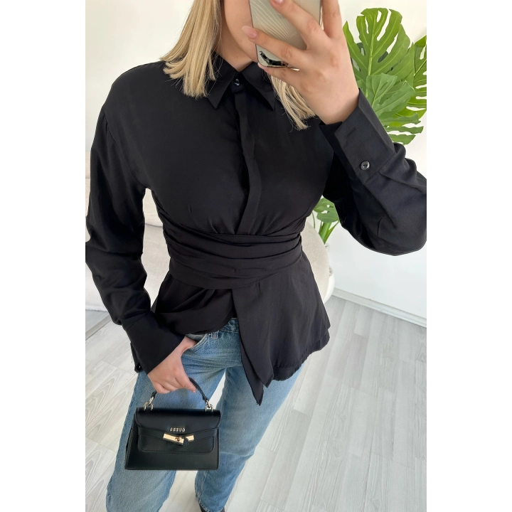 Kuşaklı Cırt Cırt Kapamalı Tasarım Siyah Gömlek