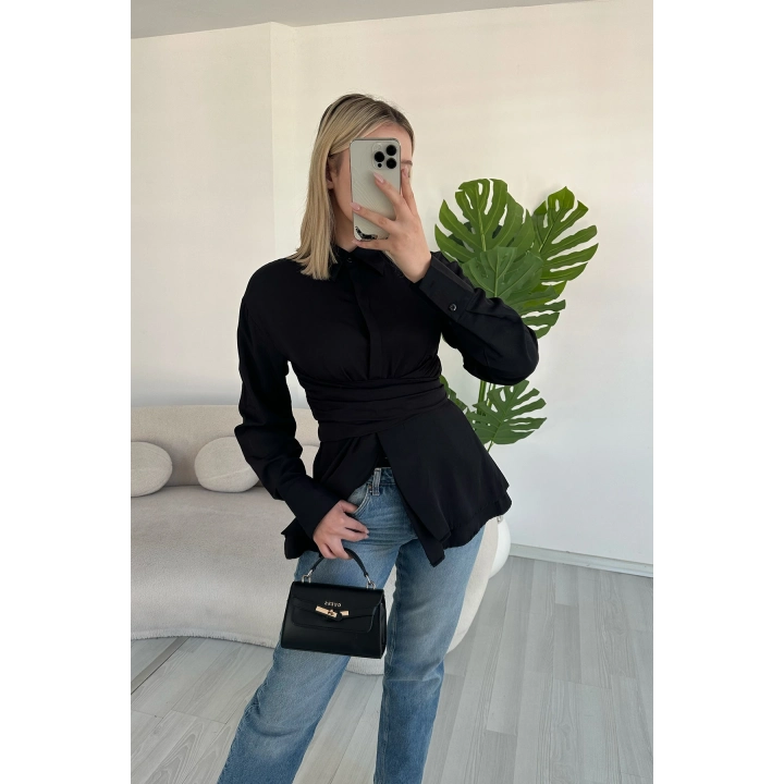 Kuşaklı Cırt Cırt Kapamalı Tasarım Siyah Gömlek