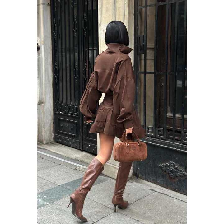 Balon Kol Düğmeli Poplin Acı Kahverengi Takım