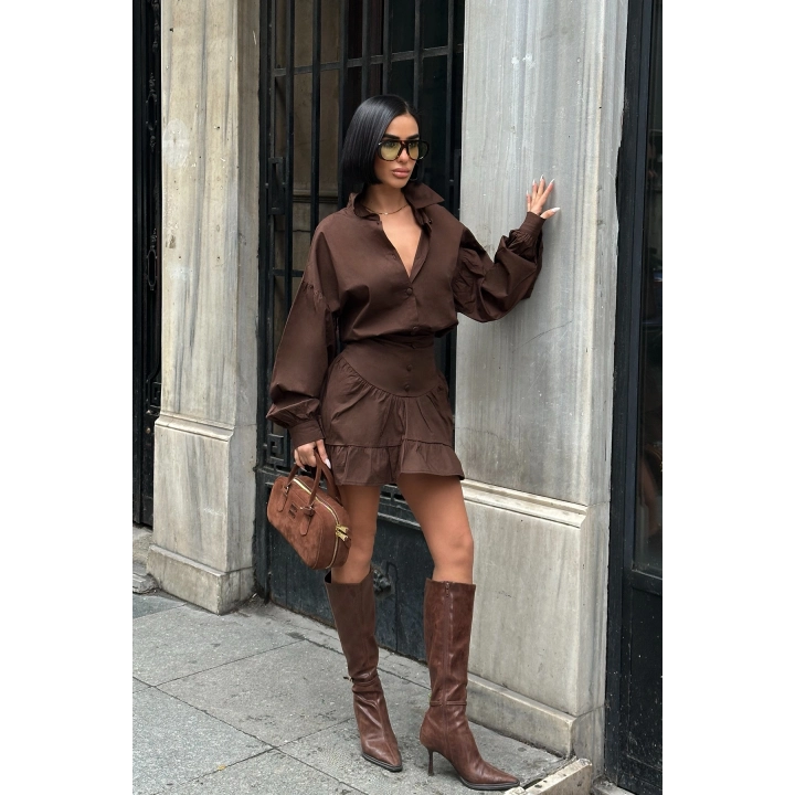 Balon Kol Düğmeli Poplin Acı Kahverengi Takım