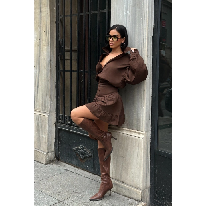 Balon Kol Düğmeli Poplin Acı Kahverengi Takım