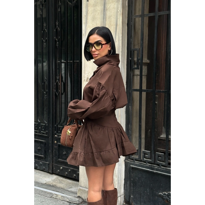 Balon Kol Düğmeli Poplin Acı Kahverengi Takım