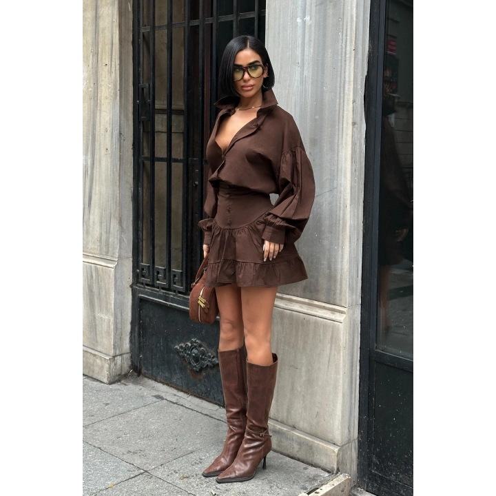 Balon Kol Düğmeli Poplin Acı Kahverengi Takım