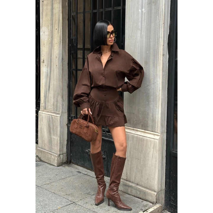 Balon Kol Düğmeli Poplin Acı Kahverengi Takım