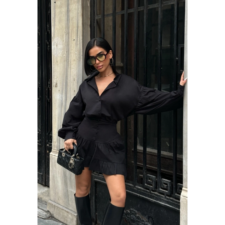 Balon Kol Düğmeli Poplin Siyah Takım