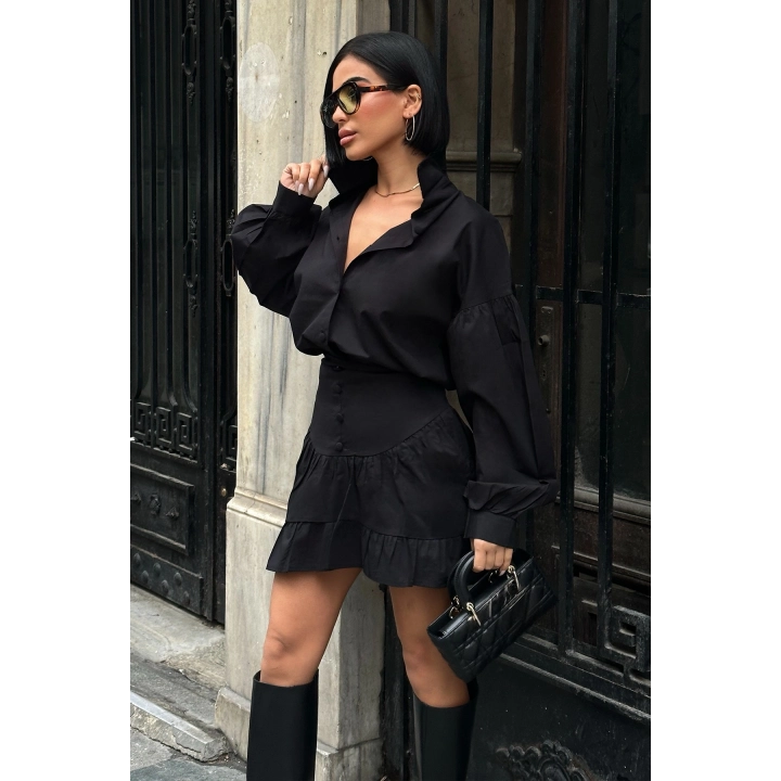 Balon Kol Düğmeli Poplin Siyah Takım