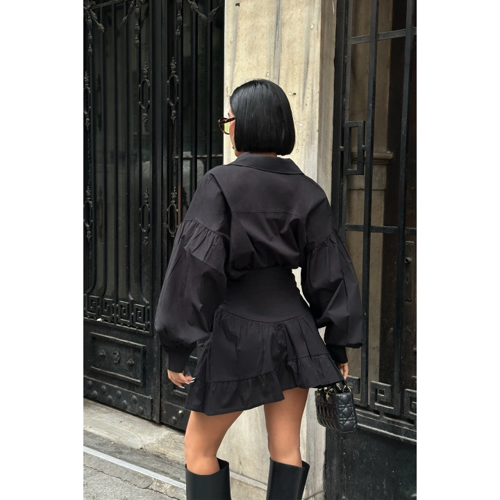 Balon Kol Düğmeli Poplin Siyah Takım