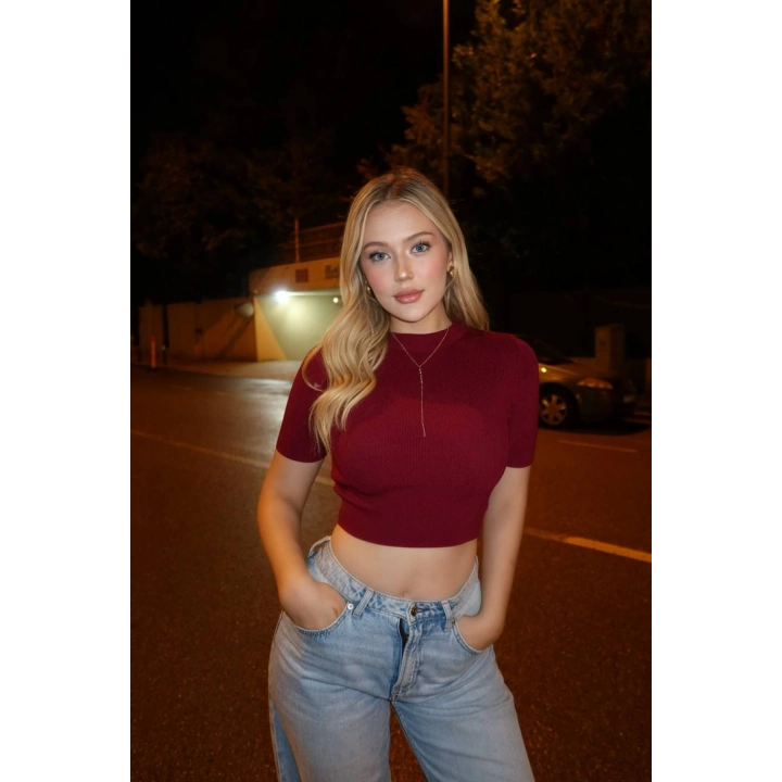 Bisiklet Yaka Kısa Kollu Bordo Crop Triko Kazak