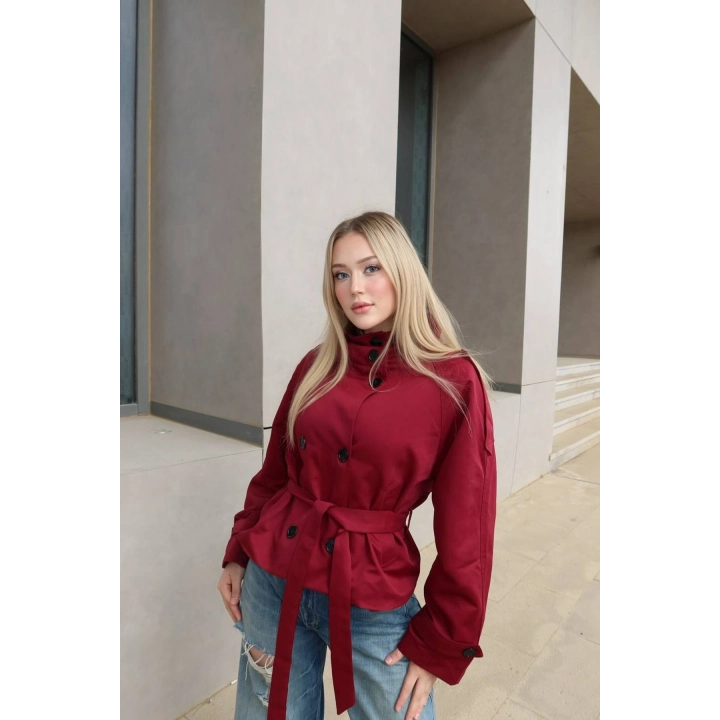 BSK Bordo Düğme Detaylı Dik Yaka Kemerli Kısa Boy Trençkot