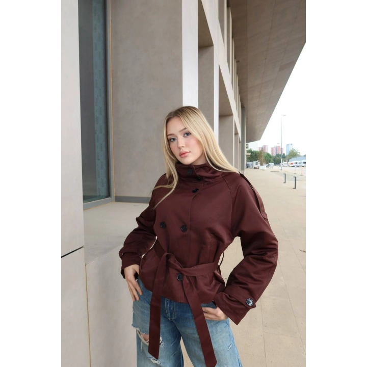 BSK Koyu Kahverengi Düğme Detaylı Dik Yaka Kemerli Kısa Boy Trençkot
