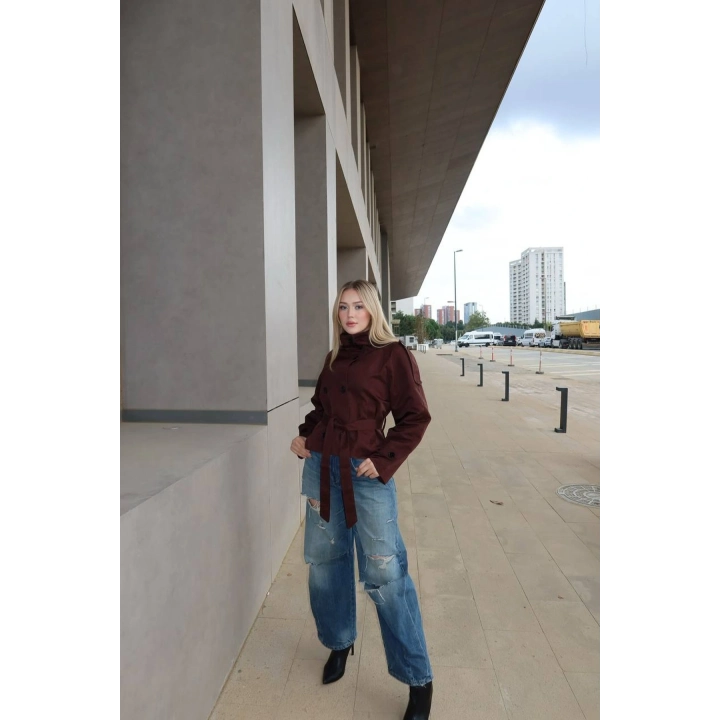 BSK Koyu Kahverengi Düğme Detaylı Dik Yaka Kemerli Kısa Boy Trençkot