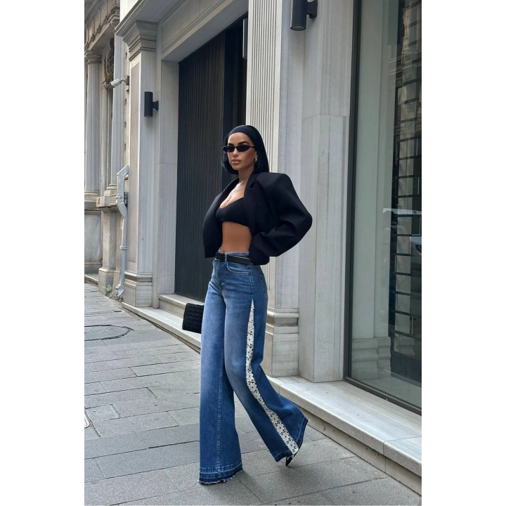 Çiçek Dantel Tasarım Wide Leg Mavi Kot Pantolon