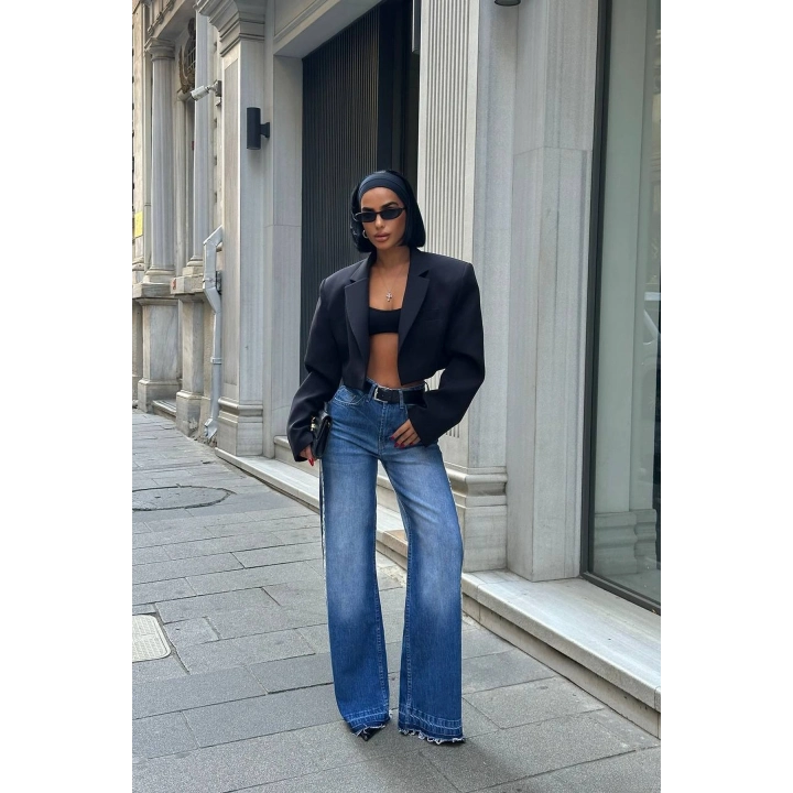 Çiçek Dantel Tasarım Wide Leg Mavi Kot Pantolon