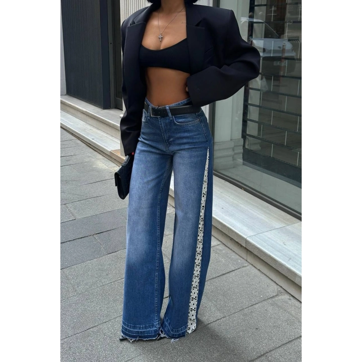 Çiçek Dantel Tasarım Wide Leg Mavi Kot Pantolon