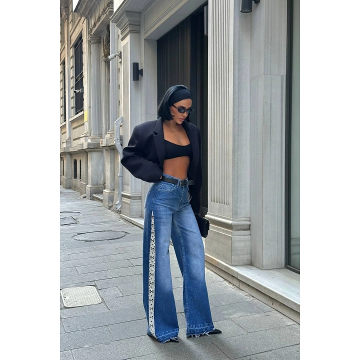 Çiçek Dantel Tasarım Wide Leg Mavi Kot Pantolon
