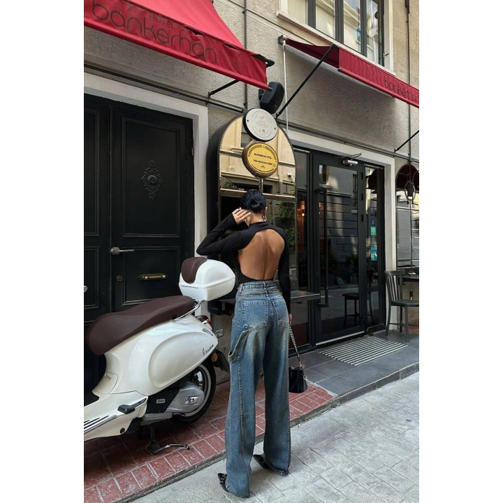 Dikiş Detaylı Baggy Mavi Kot Pantolon