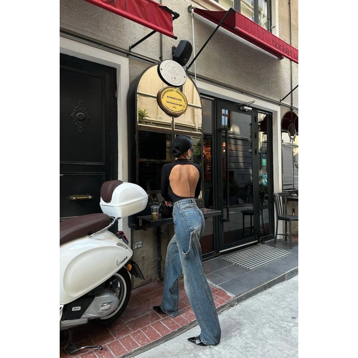 Dikiş Detaylı Baggy Mavi Kot Pantolon